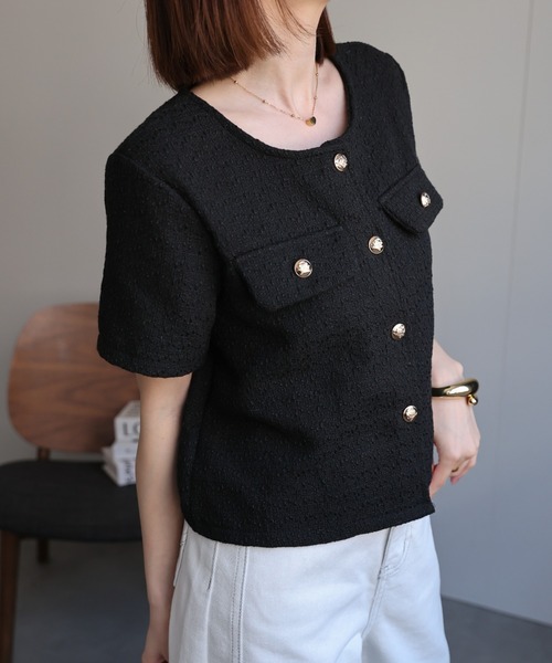 sakishimatokyo（サキシマトーキョー）の「半袖ジャケット/金ボタン/ショート丈/（ノーカラージャケット・レディース・ブラック/オフホワイト・FREE）」の8枚目の写真