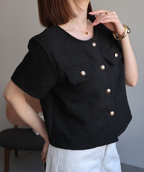 sakishimatokyo（サキシマトーキョー）の「半袖ジャケット/金ボタン/ショート丈/（ノーカラージャケット・レディース・ブラック/オフホワイト・FREE）」の22枚目の写真