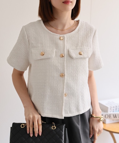 セール】半袖ジャケット/金ボタン/ショート丈/（ノーカラージャケット