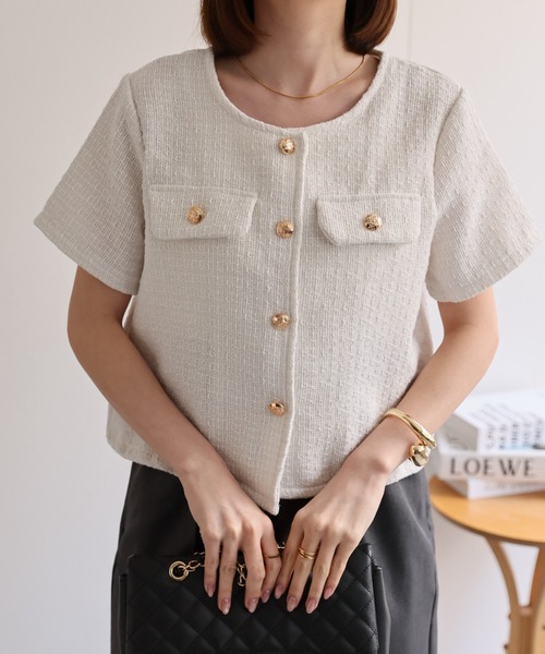 セール】半袖ジャケット/金ボタン/ショート丈/（ノーカラー