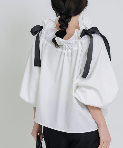 PICCIN PERLA（ピッチンペルラ）の「ダブルリボンザビエルブラウス（シャツ/ブラウス・レディース・ブラック/オフホワイト・M）」の21枚目の写真