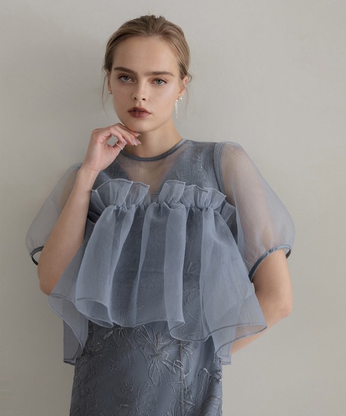 ボリュームシアーフリルジャガードIラインドレスワンピース オケージョンドレス LEJA Dress Styling】 ☑ ボリュームシアーフリルジャガードIライン