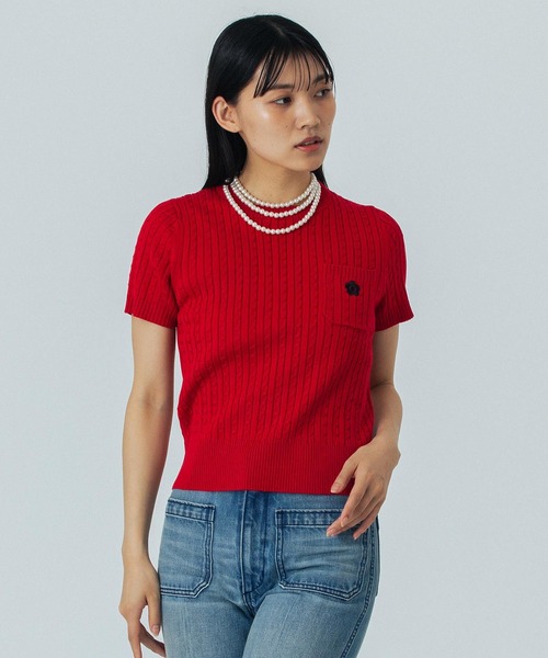 レッドROSE BUD別注カラー】(MARY QUANT)CABLE HALF SLEEVE KNIT