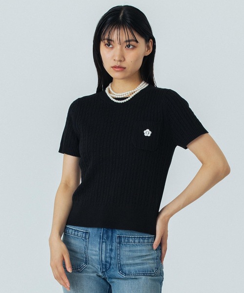 マリークアントニット レッドROSE BUD別注カラー】(MARY QUANT)CABLE HALF SLEEVE KNIT