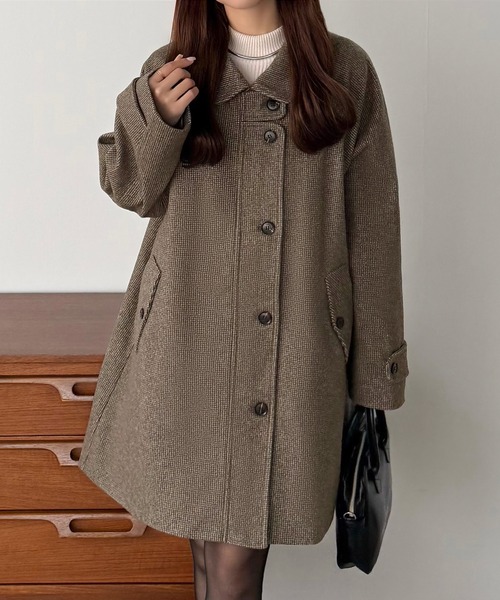 セール】ステンカラーチェック柄ミドルコート（ステンカラーコート