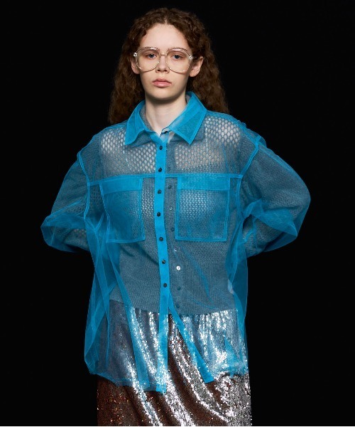 Tulle Shirt Layered Polo Knit Cardigan/チュールシャツレイヤード