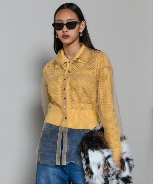 Tulle Shirt Layered Polo Knit Cardigan/チュールシャツレイヤード