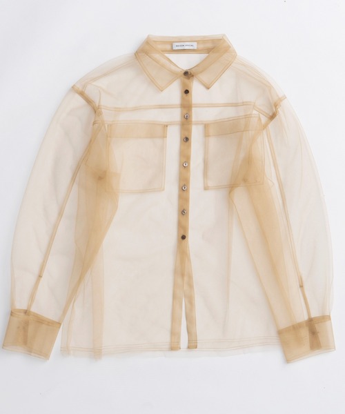 Tulle Shirt Layered Polo Knit Cardigan/チュールシャツレイヤード