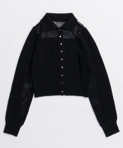 Tulle Shirt Layered Polo Knit Cardigan/チュールシャツレイヤード