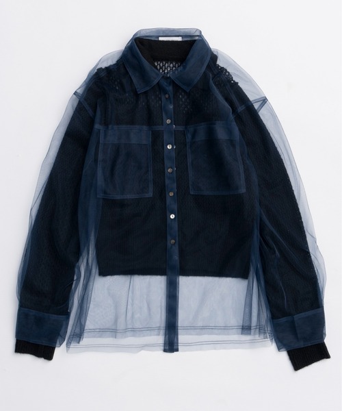 Tulle Shirt Layered Polo Knit Cardigan/チュールシャツレイヤード