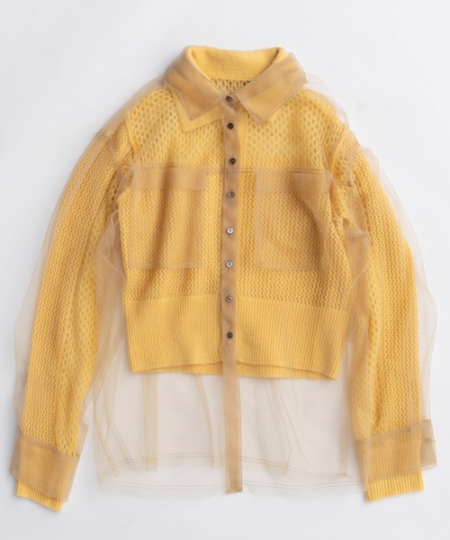 Tulle Shirt Layered Polo Knit Cardigan/チュールシャツレイヤード