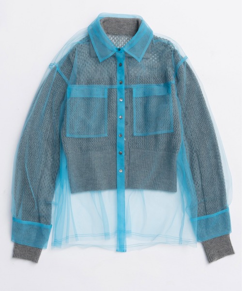 Tulle Shirt Layered Polo Knit Cardigan/チュールシャツレイヤード
