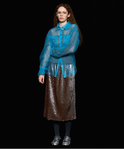 Tulle Shirt Layered Polo Knit Cardigan/チュールシャツレイヤード