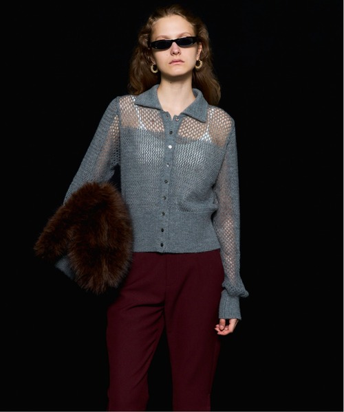 美品☆MAISON SPECIAL チュールシャツレ×ニットカーディガン Tulle Shirt Layered Polo Knit Cardigan/チュールシャツレイヤード
