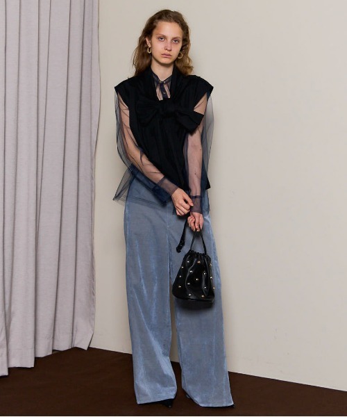 Tulle Shirt Layered Polo Knit Cardigan/チュールシャツレイヤード