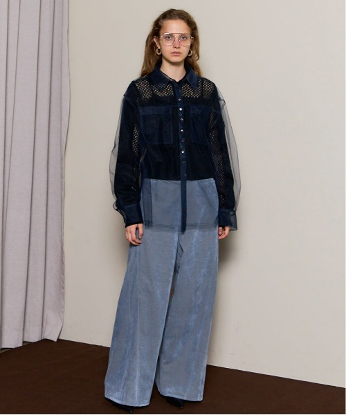 Tulle Shirt Layered Polo Knit Cardigan/チュールシャツレイヤード
