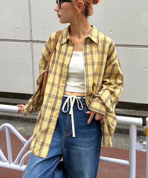 CIAOPANIC TYPY（チャオパニックティピー）の「【UNISEX】モール混長袖チェックシャツ（シャツ/ブラウス・レディース・チャコールグレー/ブラウン/ネイビー/イエロー・MEDIUM/LARGE）」の4枚目の写真