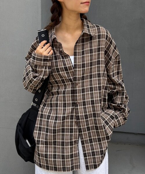 CIAOPANIC TYPY（チャオパニックティピー）の「【UNISEX】モール混長袖チェックシャツ（シャツ/ブラウス・レディース・チャコールグレー/ブラウン/ネイビー/イエロー・MEDIUM/LARGE）」の8枚目の写真