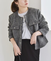 quaranciel（カランシエル）の「quaranciel: ボンディング チェック ノーカラー ショート ジャケット（ノーカラージャケット・レディース）」