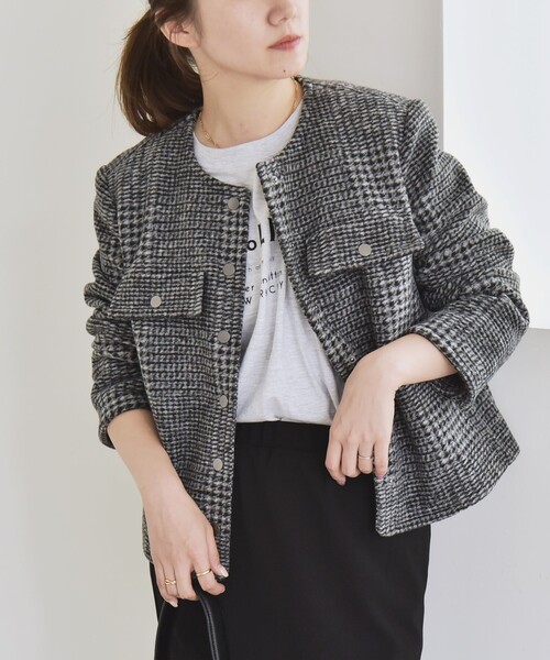 quaranciel: ボンディング チェック ノーカラー ショート ジャケット