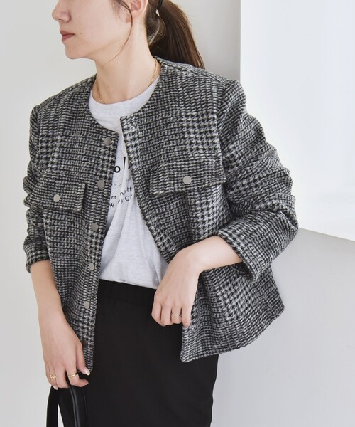 quaranciel: ボンディング チェック ノーカラー ショート ジャケット