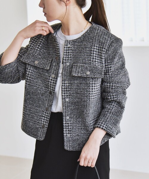 quaranciel: ボンディング チェック ノーカラー ショート ジャケット