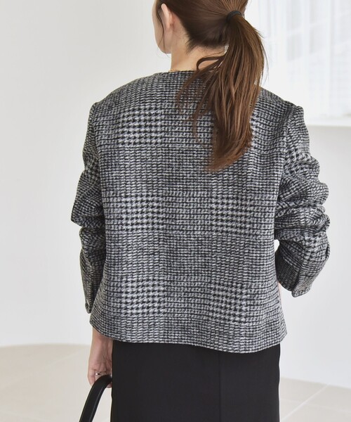 quaranciel: ボンディング チェック ノーカラー ショート ジャケット