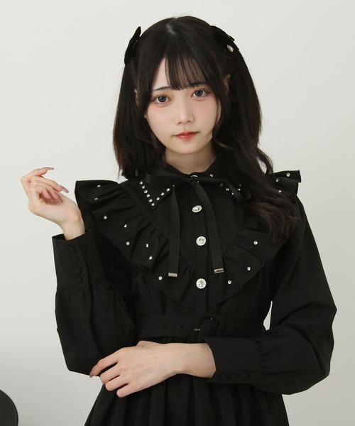 ビジュー襟フリルギャザーシャツワンピース（ワンピース）｜DearMyLove