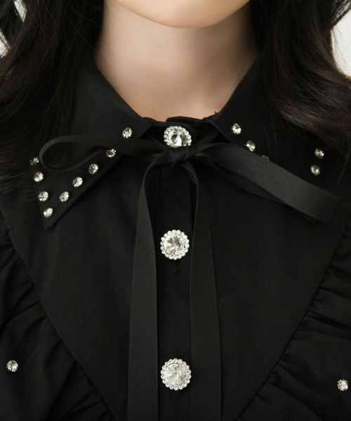 ビジュー襟フリルギャザーシャツワンピース（ワンピース）｜DearMyLove