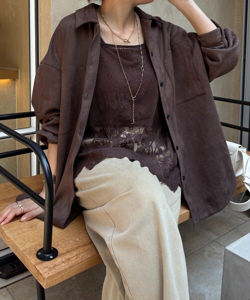 DouDou(ドゥドゥ)の「スウェードダンボールシャツ(シャツ/ブラウス・レディース・カーキ/ブラウン・FREE)」の3枚目の写真