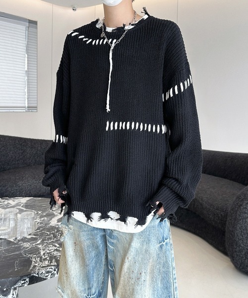[FVLMEN] damage design hand stitch knit pullover — вязаный пуловер с ручной прострочкой (Damage Design)