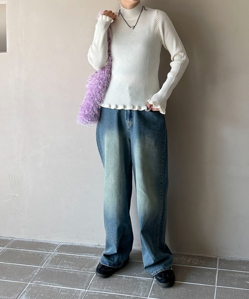 PILIT（ピリット）の「ウェ―ブフリル リブニットトップス（ニット/セーター・レディース・ピンク/ブルー/オフホワイト/ブラック・MEDIUM）」の8枚目の写真