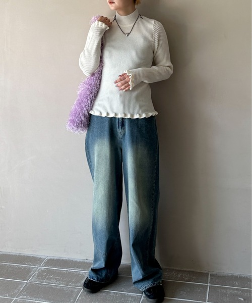 PILIT（ピリット）の「ウェ―ブフリル リブニットトップス（ニット/セーター・レディース・ピンク/ブルー/オフホワイト/ブラック・MEDIUM）」の9枚目の写真