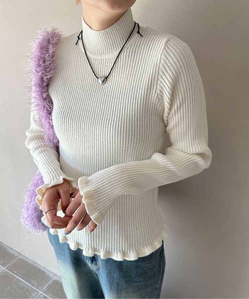 PILIT（ピリット）の「ウェ―ブフリル リブニットトップス（ニット/セーター・レディース・ピンク/ブルー/オフホワイト/ブラック・MEDIUM）」の10枚目の写真