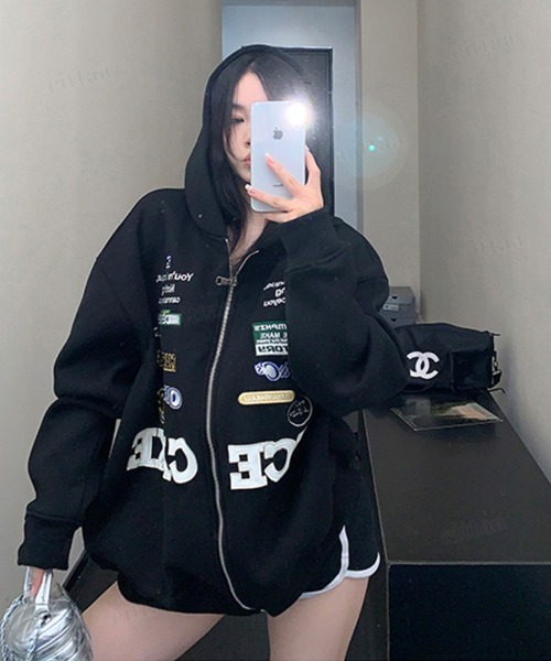 韓国ファッション RICECAKEスポンサー風刺繍デザインジップアップパーカー