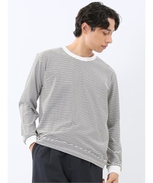 【綿混】タカキュー マルチボーダー クルーネック 長袖 Tシャツ