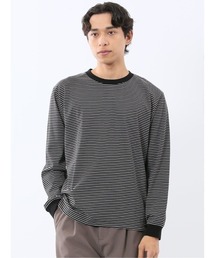 【綿混】タカキュー マルチボーダー クルーネック 長袖 Tシャツ