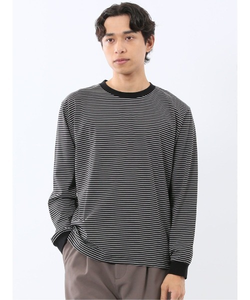 TAKA-Q(タカキュー)の「【綿混】タカキュー マルチボーダー クルーネック 長袖 Tシャツ(Tシャツ/カットソー・メンズ・ブラック/ネイビー/ホワイト/ブラウン・LARGE/X-LARGE/MEDIUM)」の2枚目の写真