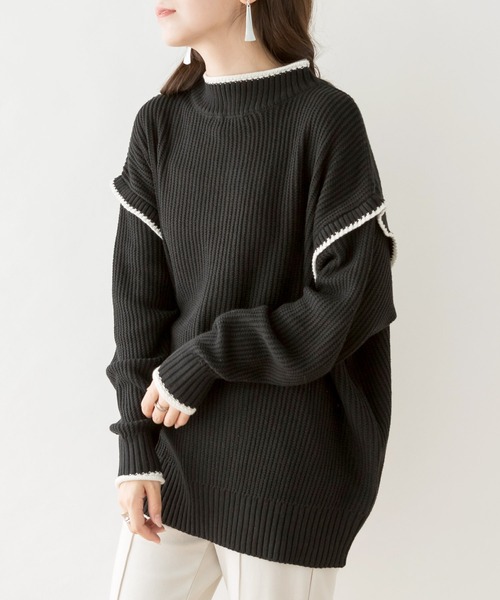 MARAI(マーライ)の「ハイネック配色ボリュームニット(ニット/セーター・レディース・ブラック/グレイッシュベージュ・LL~3L/4L~5L/M~L)」の7枚目の写真