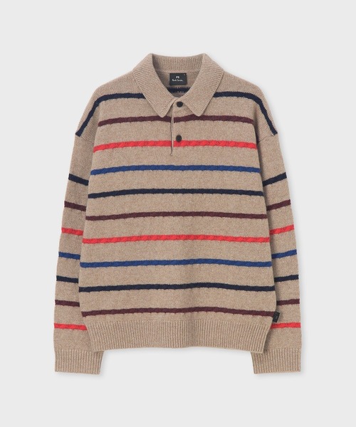 PS Paul Smith(ピーエスポールスミス)の「マルチカラーボーダー ニットポロ / 252416 511Z(ニット/セーター・メンズ・ベージュ・X-LARGE/LARGE/MEDIUM)」の1枚目の写真