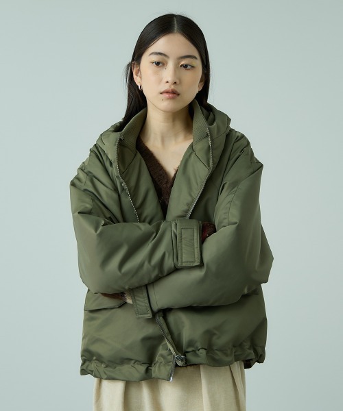 MAX&Co. ラビットファー付ミリタリー中綿ジャケット カーキ38*HD468 セール】ナイロン中綿フードMA-1ジャケット≪手洗い可能≫（MA-1