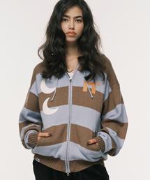 STRIPE KNIT ZIP-UP HOODIE BLUE