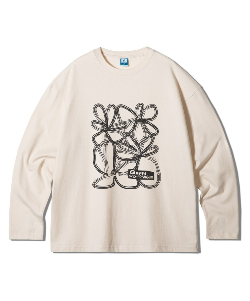 GRANFINNY(グランフィニ)の「ラインフラワーオーバーサイズロングスリーブ-ナチュラルコットン(Tシャツ/カットソー・レディース・サンドベージュ・MEDIUM/LARGE/X-LARGE)」の1枚目の写真