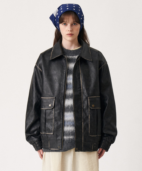 GOLDEN SNSHINE（ゴールデン サンシャイン）の「Washed leather bomber jacket_Black（ライダースジャケット・レディース・その他・SMALL/MEDIUM/LARGE）」の2枚目の写真