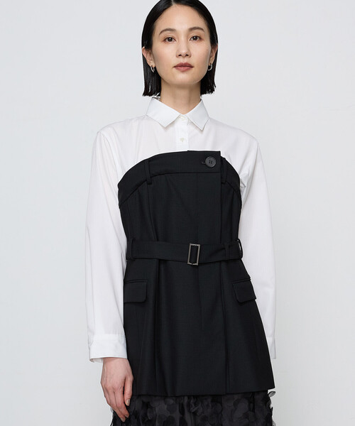 COMME CA(コムサ)の「〔 TALLサイズ 〕 【セットアップ対応】ストレッチトロ ビスチェ付きブラウス(シャツ/ブラウス・レディース・ブラック/チャコール・15号/13号)」の1枚目の写真