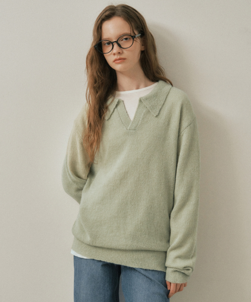 WEDNESDAYOASISFORWOMEN（ウェンズデー オアシス フォー ウーマン）の「W/アッシュオープンカラーウールニット_MINT(WC25-KN82)（ニット/セーター・レディース・ミント・MEDIUM/LARGE）」の2枚目の写真