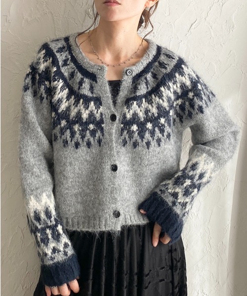 セール】ノルディック柄求心ジャガードショート丈ニットカーディガン