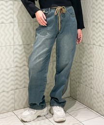 《ロングリボン×配色ライン》レディース デニムパンツ ゆったりストレート 体型カバー 春夏秋冬