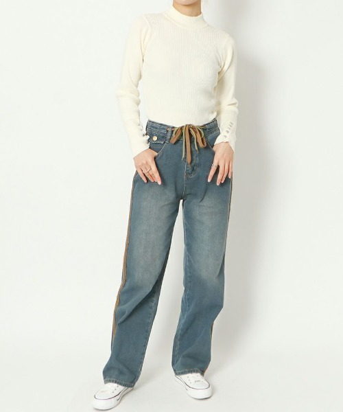 GORGE(ゴージ)の「《ロングリボン×配色ライン》レディース デニムパンツ ゆったりストレート 体型カバー 春夏秋冬(デニムパンツ・レディース・ブルー/ブラック・S/M)」の4枚目の写真