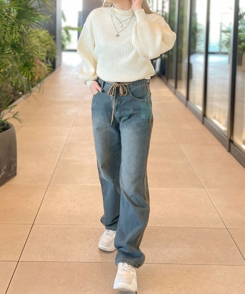 GORGE(ゴージ)の「《ロングリボン×配色ライン》レディース デニムパンツ ゆったりストレート 体型カバー 春夏秋冬(デニムパンツ・レディース・ブルー/ブラック・S/M)」の6枚目の写真